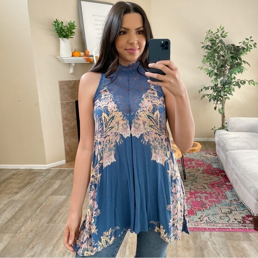 Free People Marsha Printed Lace Neck Tunic